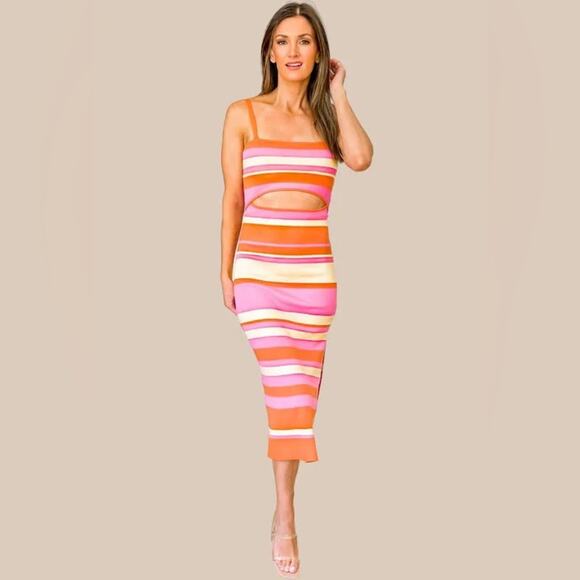 Mable Dresses & Skirts - Mable Orange Pink Striped Cut-Out Sleeveless Midi Sweater Dress Large